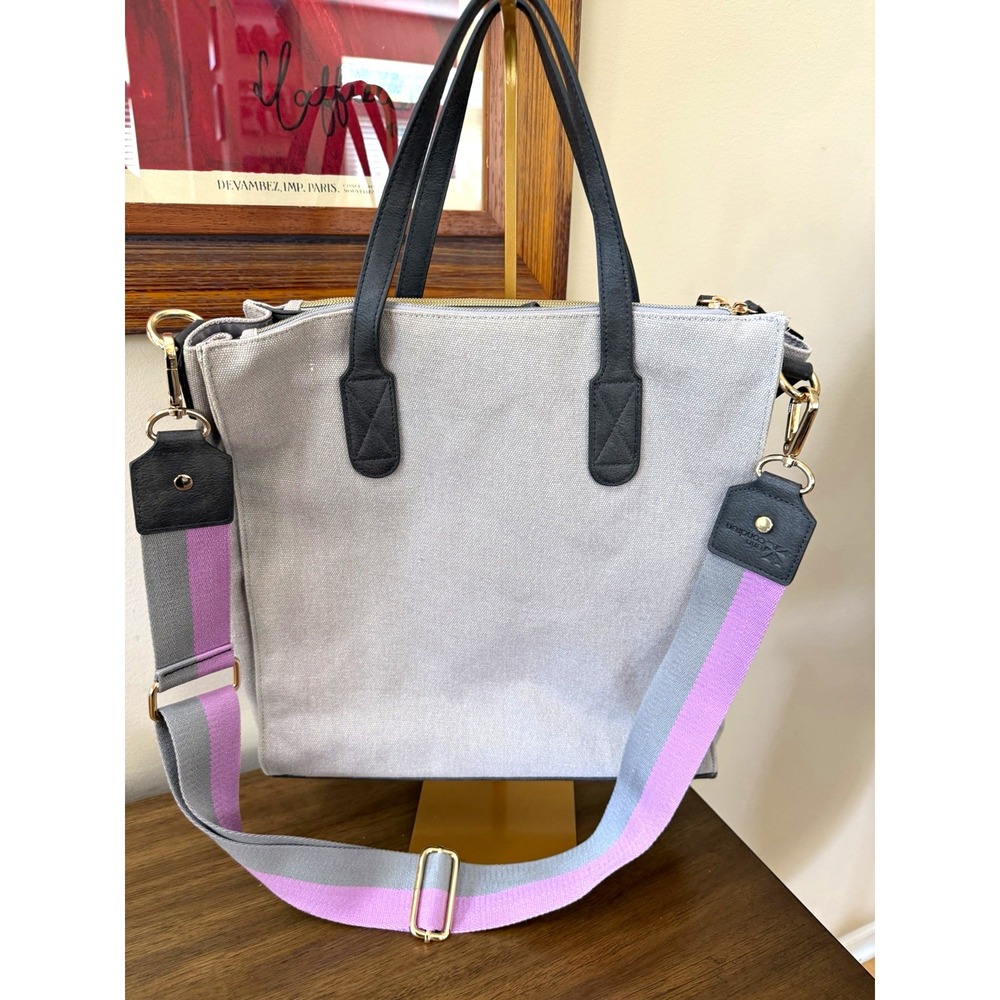 Erin Condren Gray Canvas Convertible Tote Crossbody Bag Striped Strap